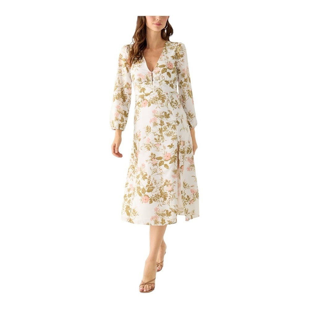 NWT 1. State Floral Long Sleeve V-Neck Midi Dress with Front Slit Size 2
